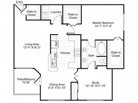 Floor plan for 2 beds, 1 bath, 1176 sqft